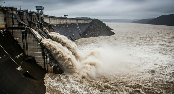 Massive hydroelectric dam releasing powerful floodwaters from a broken section, illustrating a control and environmental crisis concept.
