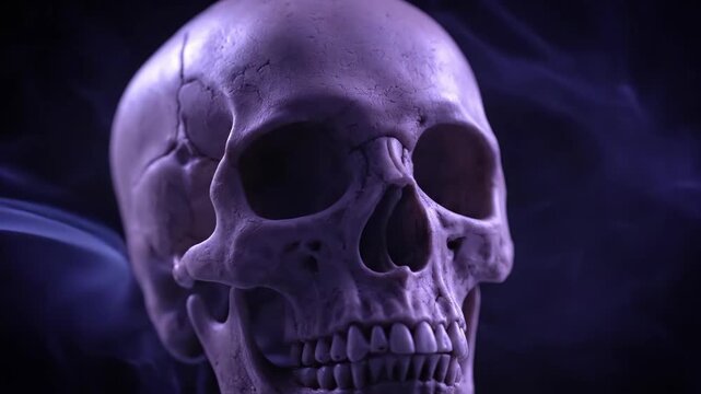 A skull emerges from ethereal purple smoke with a dramatic, shadowy background