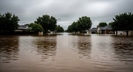 Obraz premium Flooded street in a suburban neighborhood with houses partially submerged under murky water, illustrating a natural disaster concept on an overcast day
