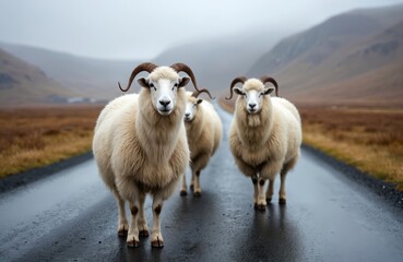 Fototapeta premium Three white woolly sheep with curved horns stand on wet asphalt road in Iceland. Foggy mountains form background. Animals look toward camera.