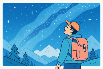 Fototapeta premium Cartoon hiker stares at starry night sky with Milky Way over mountains in blue dreamy background, evoking wonder and peaceful state of mind. Ai generative