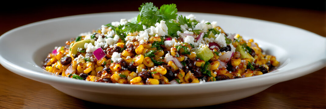 Vibrant Mexican street corn salad featuring charred kernels, black beans, and cotija cheese served in a white bowl with fresh cilantro garnish and zesty spices.