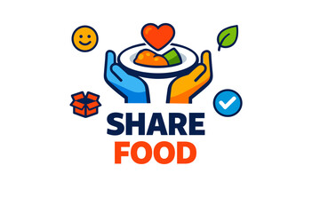 Share food concept with heart, hands, and healthy meal icons