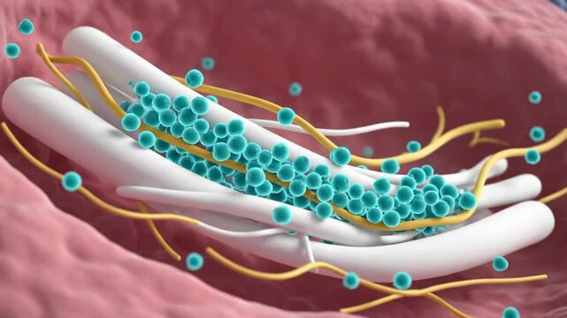 Detailed medical animation of the Golgi apparatus in a cell with molecules