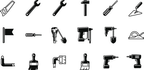 Obraz premium Black and white hand tool icon set vector illustration with construction equipment, carpentry tools, DIY hardware symbols for repair, building, and industrial design