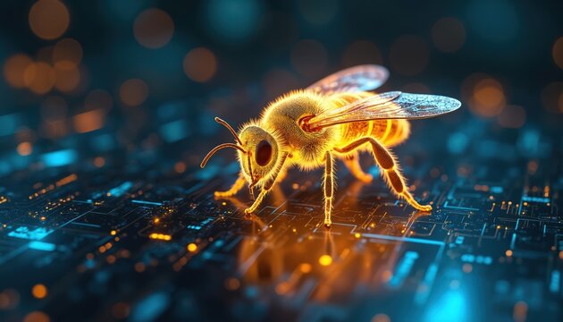 Glowing digital bee navigates complex tech circuit board. Abstract insect merges with futuristic network. Honeybee explores virtual data streams, innovation concept.