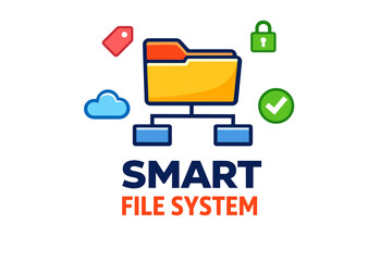 Smart file system icon with folder network and security symbols