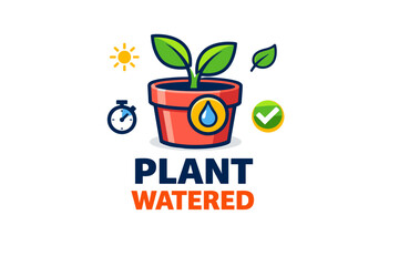 Potted plant with watered icon and growth symbols