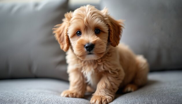 Small, fluffy Cavoodle puppy sits attentively on grey couch. Adorable dog soft brown fur, dark expressive eyes, wet black nose. Canine looks directly at viewer, embodying cute innocence,