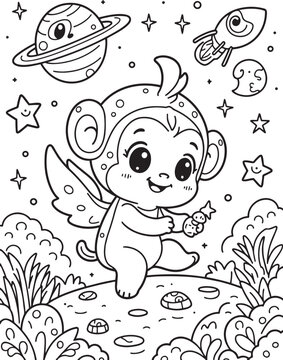Adorable baby monkey alien holding a star on a foreign planet surrounded by space elements