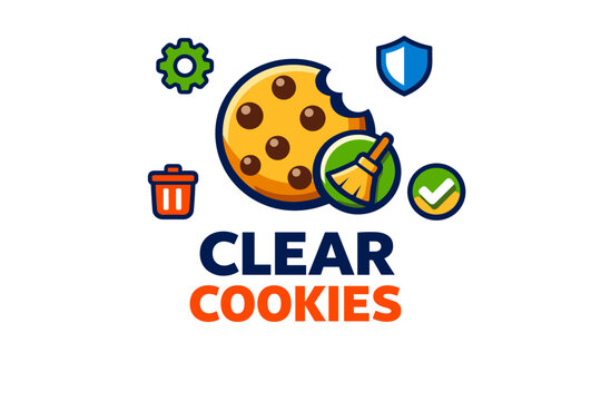 Clear cookies icon with cookie, gear, shield, trash, and checkmark symbols
