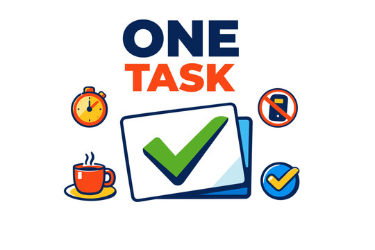 Productivity focus: one task symbol with stopwatch and coffee icons