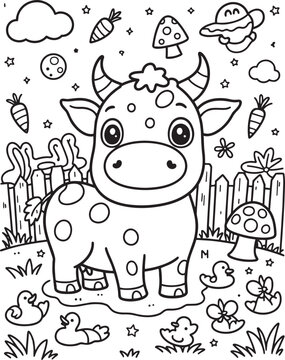 Cute cartoon cow with fence and ducks coloring page for kids