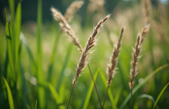Tall paspalum grass seed heads sway gently in sunlight. Green leaves create soft blur background. Focus on feathery plant stalks. Nature scene peaceful and calm.