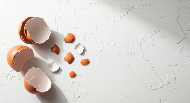 Walking on eggshells concept with broken shells on a textured background, a metaphor for anxiety.