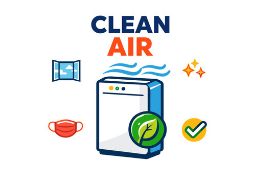 Clean air illustration featuring air purifier, freshness icons, and health symbols
