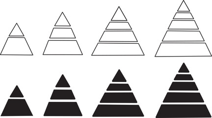 Fototapeta premium Levels of triangular pyramid icon set. Modern hierarchy and structure symbols. Vector layered pyramid diagram elements. Minimalist business strategy and growth signs