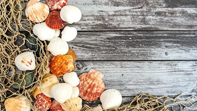Assortment of seashells, varying in color and size, and a fishing net on aged, wooden planks