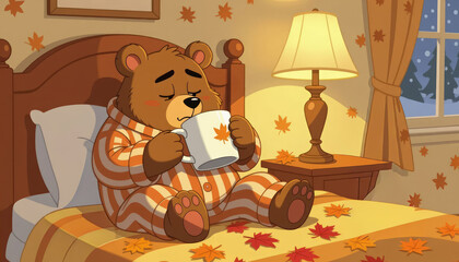 Bear in pajamas drinking coffee cozy autumn morning