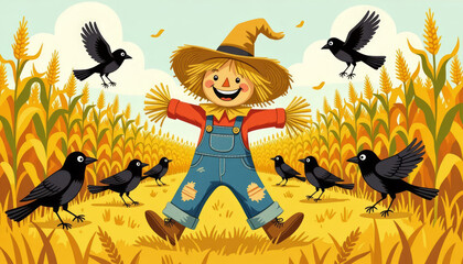 Happy scarecrow standing in a golden cornfield with crows