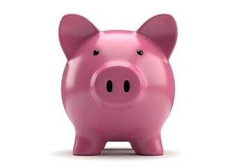 A high-gloss pink piggy bank with a minimalist face centered against a clean white studio background for financial concepts.