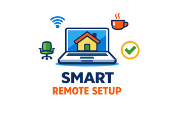 Fototapeta premium Smart remote setup with laptop, home, and office elements