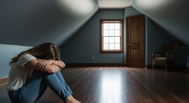 Lonely woman with depression sitting on the floor in an empty room. Mental health and anxiety concept.