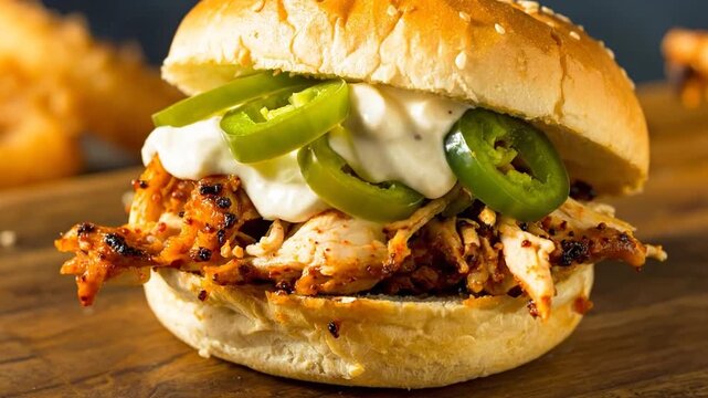 Close-up of a spicy chicken sandwich with jalape?os and white sauce on a sesame bun