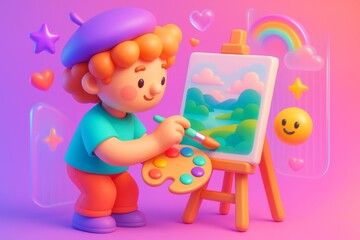 Obraz premium Cute cartoon child painting landscape on easel surrounded by colorful shapes and smiling emojis on dreamy pink background. Ai generative