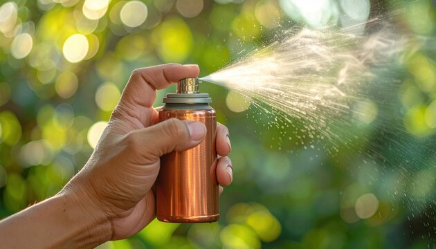 Hand holding copper spray bottle misting outdoor with green blurred background golden hour lighting