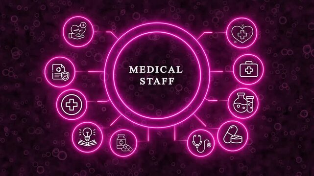 Medical Staff Network and Healthcare Technology Concept: Connected Icons of Health, Research, and Medicine,Abstract visualization of medical staff collaboration and healthcare innovation, featuring gl