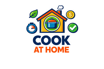 Cook at home logo design with house, cooking pot, timer, and checkmark icons