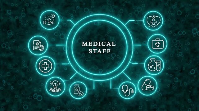 Medical Staff Network and Healthcare Technology Concept: Connected Icons of Health, Research, and Medicine,Abstract visualization of medical staff collaboration and healthcare innovation, featuring gl