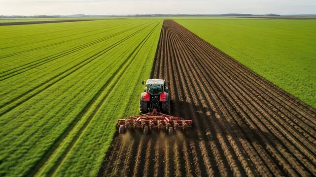 Aerial drone footage of a red tractor plowing a field, preparing soil for planting.