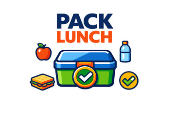 Packed lunch essentials: box, apple, sandwich, water bottle, and checkmark icons