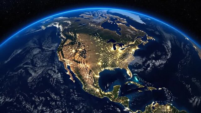 Satellite view of the United States and North America at night, showing city lights.