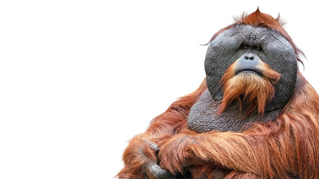 Portrait of an adult male orangutan making eye contact isolated on a white background with room for text