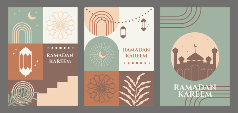 Ramadan Kareem Poster Set with Modern Geometric Islamic Elements and Pastel Earth Tone Colors