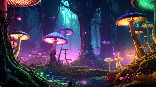 A vibrant fantasy scene with glowing mushrooms in an enchanted forest, filled with colorful lights