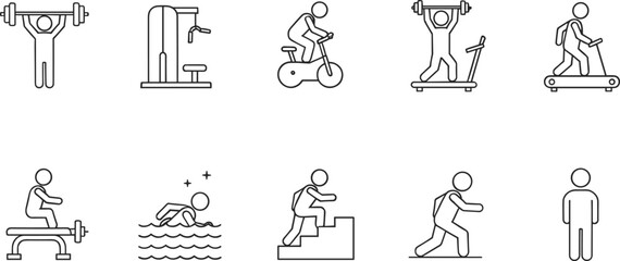 Obraz premium Gym and Physical Exercise Icon Set with Weightlifting Treadmill Cycling Swimming and Fitness Equipment for Workout Training Vector Illustration