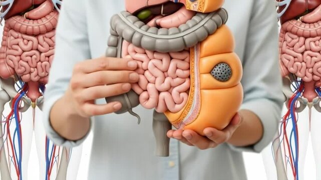 Detailed Human Digestive System Model Held By Person In Light Blue