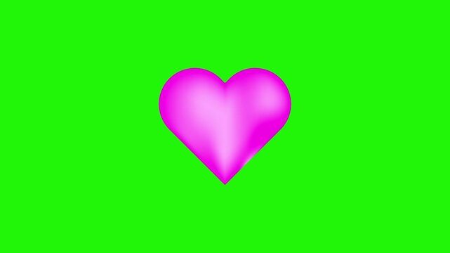 Animated 3D render of a single glossy pink heart shape pulsating gently on a vibrant green screen background, ideal for compositing romantic or loving sentiments in video projects.