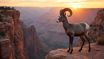 Obraz premium Desert bighorn sheep stands on canyon rim at sunset. Majestic animal surveys vast arid landscape below. Warm light bathes rocky cliffs during golden hour. Wildlife scene in Arizona.