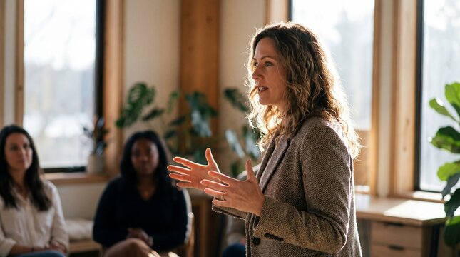 Woman speaking to small group in cozy meeting room with natural light and plants, confident and engaged expression conveying connection and warmth
