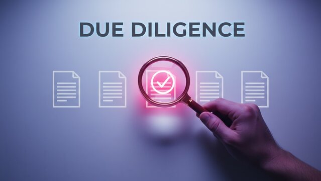 A hand holding a magnifying glass highlighting approved document with checkmark, symbolizing review accuracy and due diligence