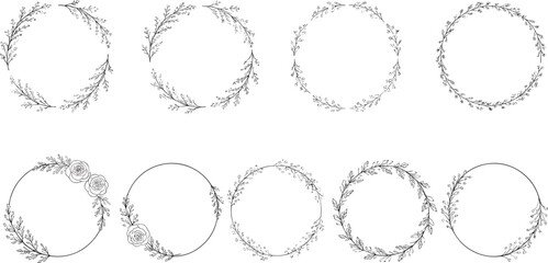 Obraz premium Floral and Leafy Wreath Set with Botanical Hand Drawn Circle Frames and Roses for Wedding Invitation Vector Illustration