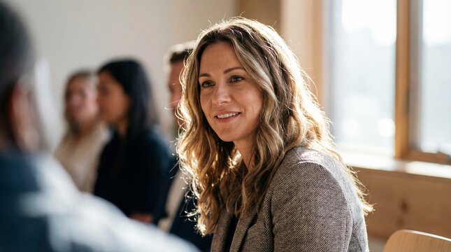 Smiling woman in professional meeting listening attentively, warm natural light and relaxed collaborative atmosphere