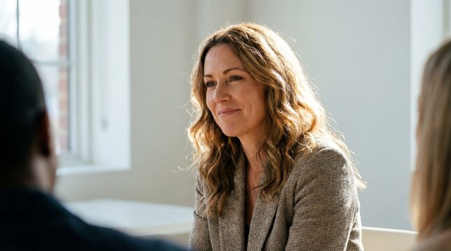 Smiling professional woman in light office setting converses with colleagues, warm natural light highlights her wavy hair and blazer conveying friendly confidence
