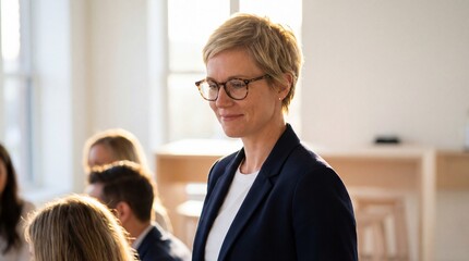 Professional woman in glasses leading small meeting in bright modern office, confident and approachable as she listens and guides colleagues