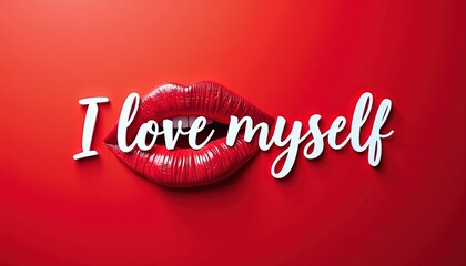 Red lips with glossy finish and handwritten text "I love myself" on a vibrant red background, creating a bold and striking visual statement